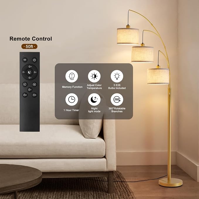 Dimmable Floor Lamp with Remote, Beige Shade Gold Pole | 2400LM Super Bright, Independently Controlled 9W LED Energy-Saving Light Bulb, 80" Tall Lamps for Living Room