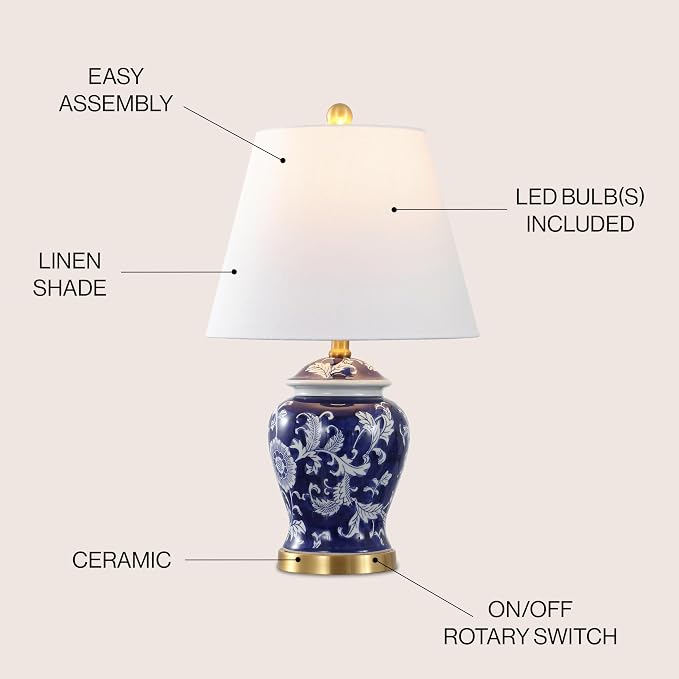 JONATHAN Y Penelope Ginger Jar 22" LED Table Lamp, Navy/White | Chinoiserie, Ceramic Metal Construction, French Country Traditional, Linen Empire Shade, Brass Gold, LED Bulb Included