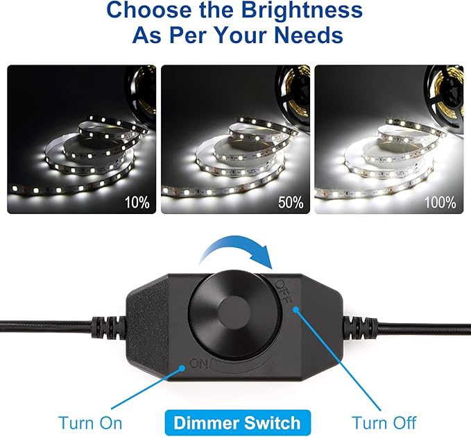 KOPMHYE 5M Dimmable LED Strip Lights Kits, 12V Tape Light, 300 2835 LED, 16.4ft 6000K Daylight White Ribbon with Power Adapter, Light Strips for Under Bed, Vanity Mirror, Cabinet, Non-Waterproof