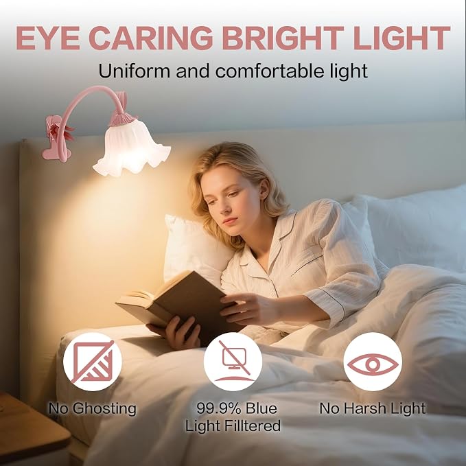 Clip On Light and Flower Bedside Table Lamp, Flexible Gooseneck Reading Book Light with 3 Color Modes, Night Light for Kids Nursery, Clip on for Desk, Bed Headboard, Dorm (Pink)