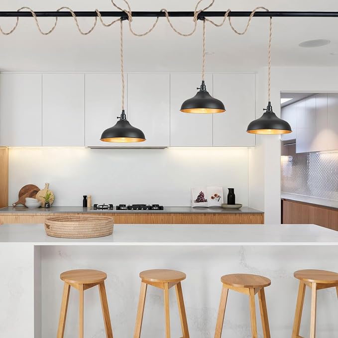 3 Light Plug in Pendant Lights Dome Hanging Lamp with Switch 22 Ft Long Hemp Rope Farmhouse Pndant Light Cord Lighting Fixture DIY Hanging Light