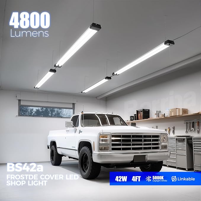 Barrina BS42a LED Shop Lights 4FT for Workshop, 42W 4800LM 5000K, 8 Packs | 4FT for Garage Warehouse, Hanging or Flush Mount, Linkable to 10, Hidden Wiring, with Pull Chain Switch, Frosted Cover