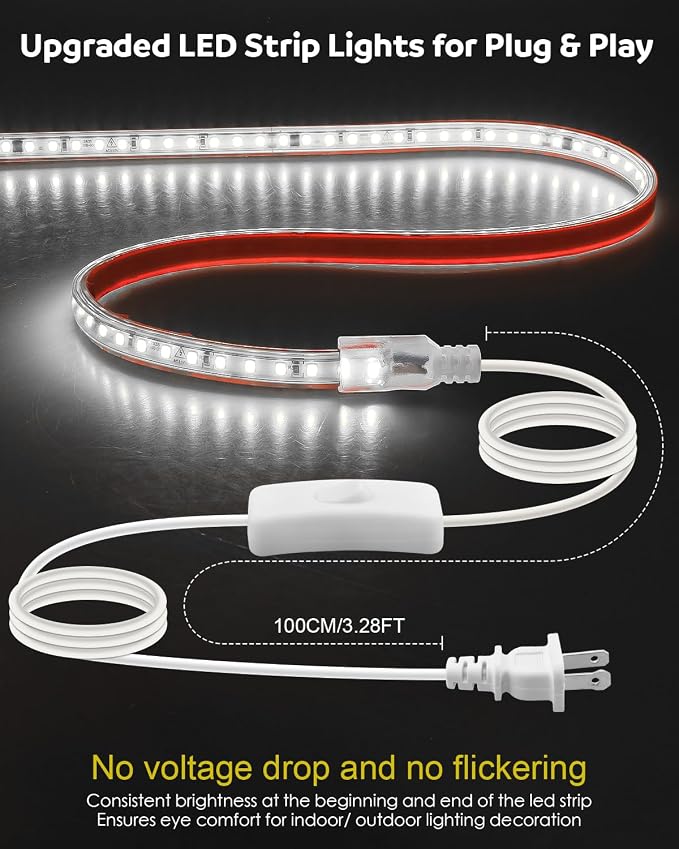 Aclorol 120V LED Strip Lights 6FT Flexible Outdoor Lighting Waterproof IP65 Cold White 6000K 120LEDs/M Bright LED Strip Lights 110V Plug in for Bedroom Patio Backyards Outside Deck Lighting Projects