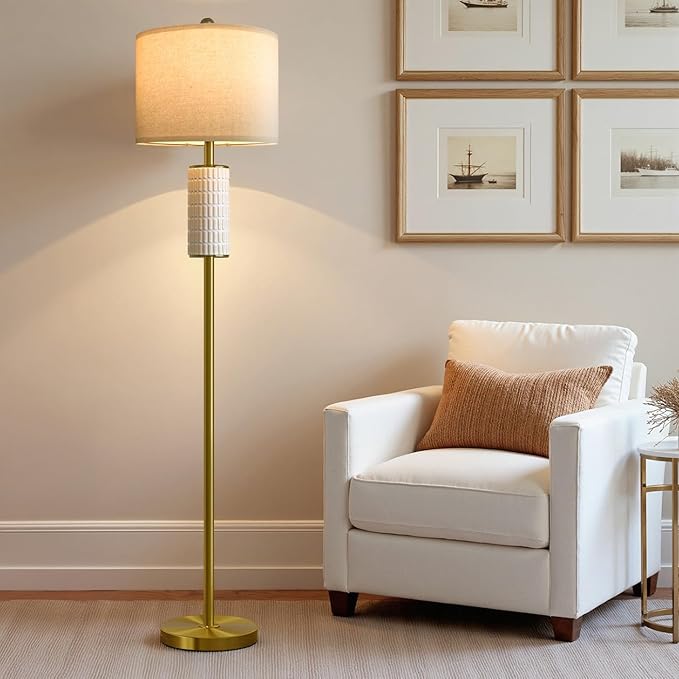 PoKat Gold Ceramic Floor Lamp for Living Room Bedroom, 64" Modern Standing Lamp with Rotary Switch, Tall Living Room Lamp Decor for Reading Corner, Home Office, Nursery, Brushed Gold