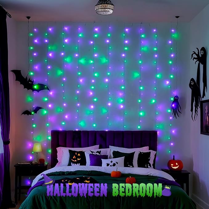 JMEXSUSS 300LED Purple & Green Curtain Lights for Halloween Decor, Plug in | 9.8x9.8ft, Halloween Curtain Lights with Remote, Twinkle Hanging String Light for Bedroom Wall Window Backdrop Indoor Outdoor