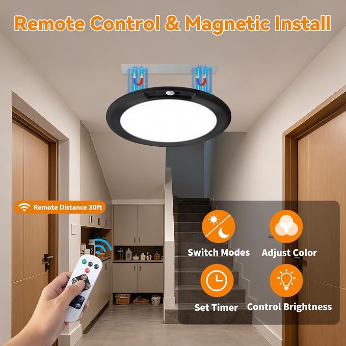 KYEKIO 2Pack Rechargeable LED Ceiling Light/Shower Light with Remote | Motion Sensor, Wireless Magnetic Easy-Install, 3 Color, Dimmable, Battery-Powered, for Closet, Pantry, Hallway, Porch, Patio