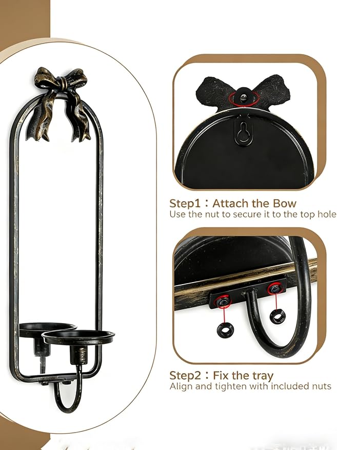 Mirror Wall Candle Sconces Set of 2: Black Metal Frame with Bow | Arched Wall Candle Holder, Detachable Bow, for Taper or Pillar Candles, for Fireplace, Hallway and Bedroom