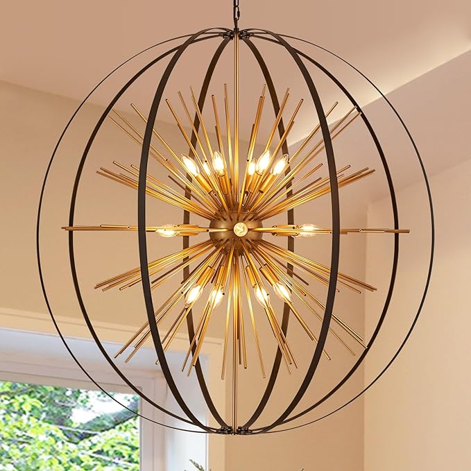 43.3" Black Gold Large Globe Sputnik Chandelier, 18-Light Mid Century Modern Starburst Golden Solid Metal Satellite Light Fixture for High Ceiling Living Room Dining Room Stairway, E12
