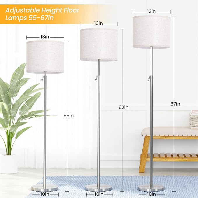 Floor Lamp Height Adjustable with Remote for Living Room and Bedroom Silver | 55"- 67" Height Adjustable Silver Standing Lamp with Dimmable 12W LED Bulb - Tall Stand Light with Shade for Corner Lighting