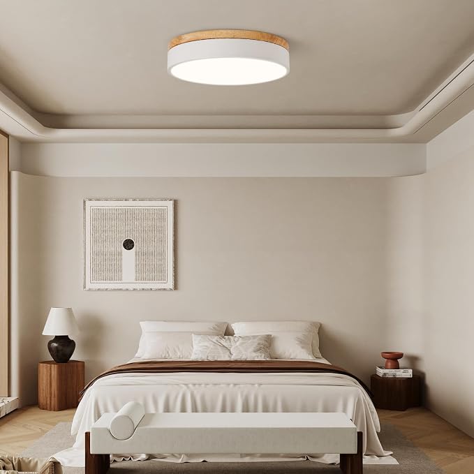 12" Minimalist White and Wood LED Flush Mount Ceiling Light Fixture | Natural Wood Accent, Integrated LED, 5CCT Before Installation, Slim Low-Profile Design, Minimalist Modern Style, Compact Size