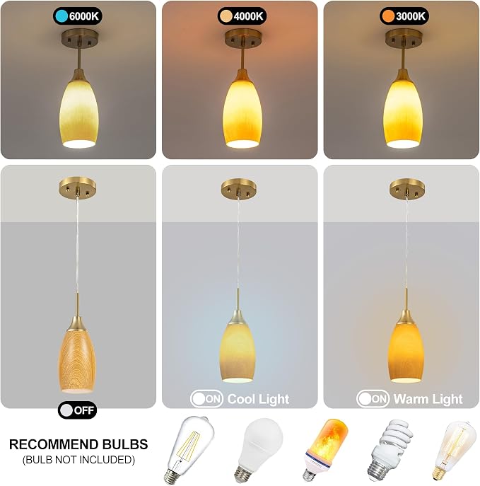 Viinew Mini Glass Pendant Light,3-Pack Walnut Wood Grain Pendant Light | Walnut Wood with Handblown Art Glass Ceiling Light,4.72" Oval Chandelier for Kitchen Island Cafe Hallway