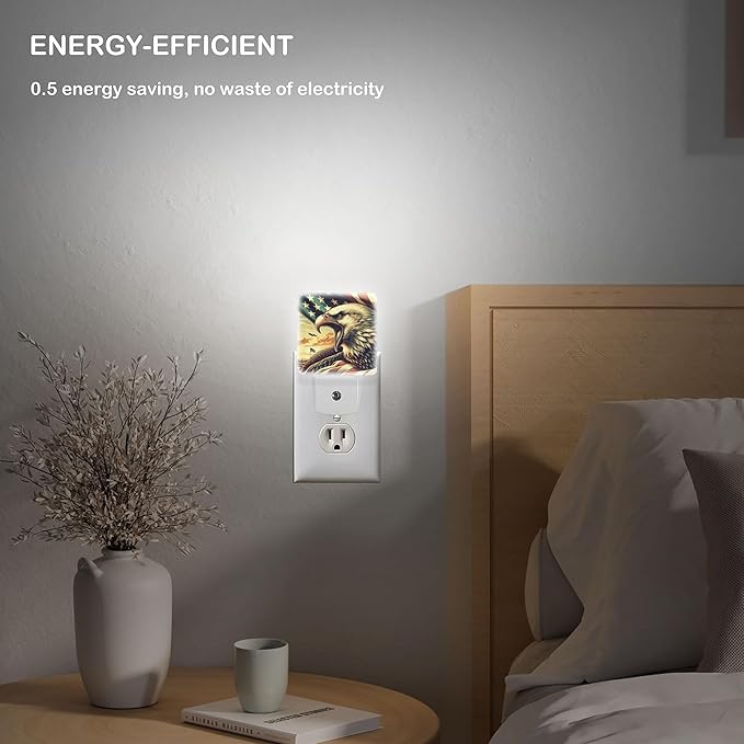 LED Night Light Lamp with Smart Sensor Dusk to Dawn Sensor,Patriotic Bald Eagle With Beak Open Backdrop Of American Flag On Pole Under Sunset Sky Night Light Daylight White,0.5W Plug-into Wall
