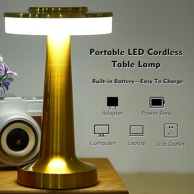 Riakrum 8 Pcs Gold LED Portable Cordless Table Lamp Bulk with Touch Sensor 3 Color Stepless Dimming Rechargeable Battery up to 15 Hours Cordless Table Light Wireless Lamp Wedding Home