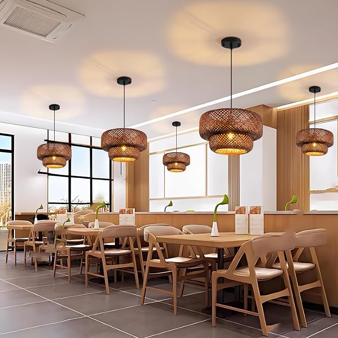TeruTeru Ji Kaikang Bamboo Pendant Light,13.8" Brown Rattan Hanging Light | Boho Curry Bamboo Rattan Pendant Lights,Hand Woven Rattan Chandelier for Kitchen Island Dining Bedroom Living Room