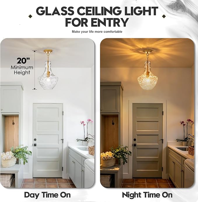 Hammered Glass Pendant Light Gold Kitchen Island Light Large Glass Pendant Lights Over Sink Brass Hand-Blown Glass Hanging Light for Kitchen Dining Room Hallway Entrance