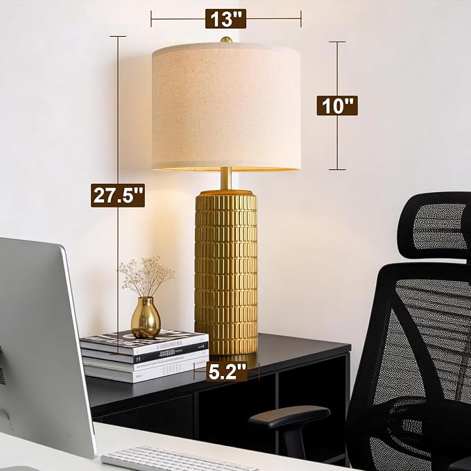 PoKat 27.5'' Tall Brass Gold Table Lamps Set of 2 for Living Room, Modern Table Lamps for Bedroom Night Stands, Retro Ceramic Bedside Lamps, Nightstand Lamps for Sideboard Side End Table, Gold