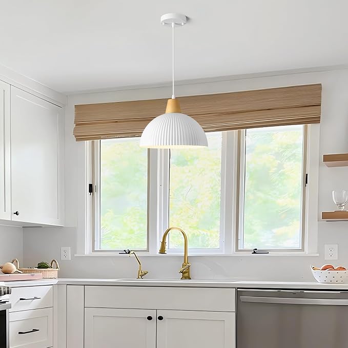 White Pendant Light Kitchen Island, 11.8" Wood Pendant Light Modern Farmhouse Dome Hanging Light for Dining Room Bedroom Bar Sink