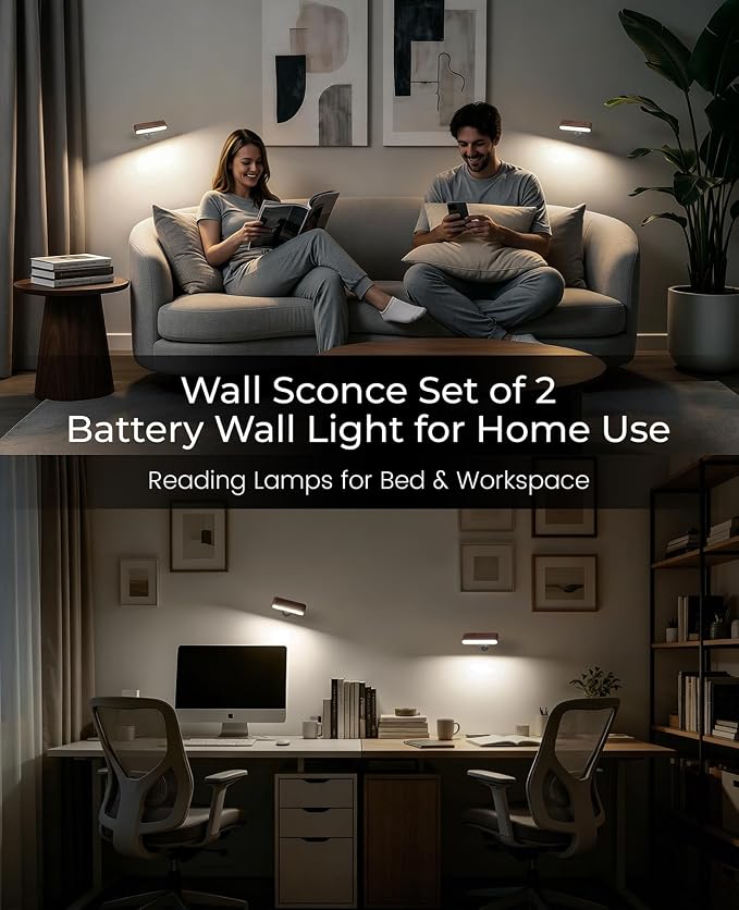 Rechargeable Wall Sconce, Reading Light for Bed, Magnetic Wood Lamp | Bedside Reading, 360° Rotation, Stepless Dimming, 4000K Natural Light, Magnetic Installation for Bedroom Wall Lamps