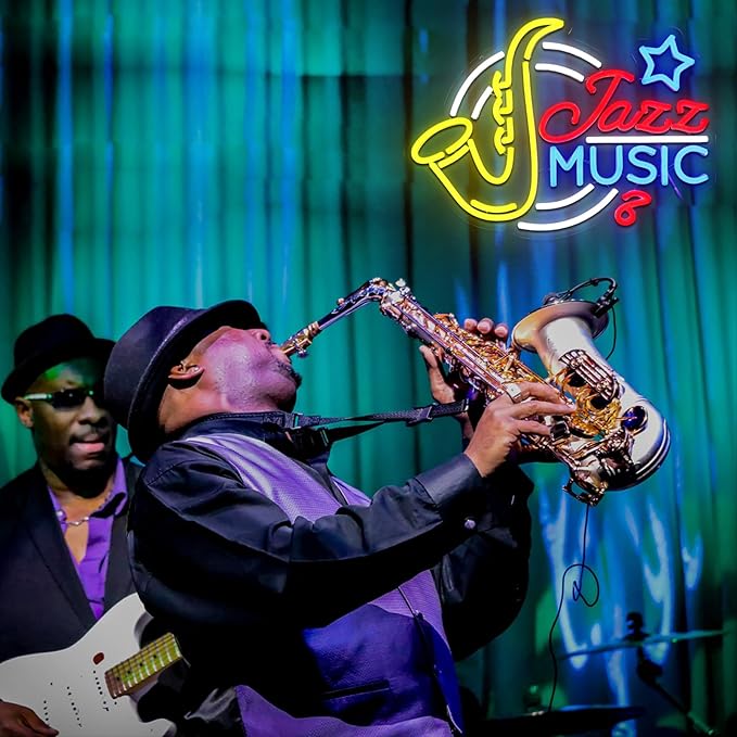 Jazz Music Neon Sign for Wall Decor Dimmable Saxophone Led Sign for Music Studio Vintage Jazz Neon Light for Recording Room Live Show Bar Man Cave Club Party Retro Home Decoration
