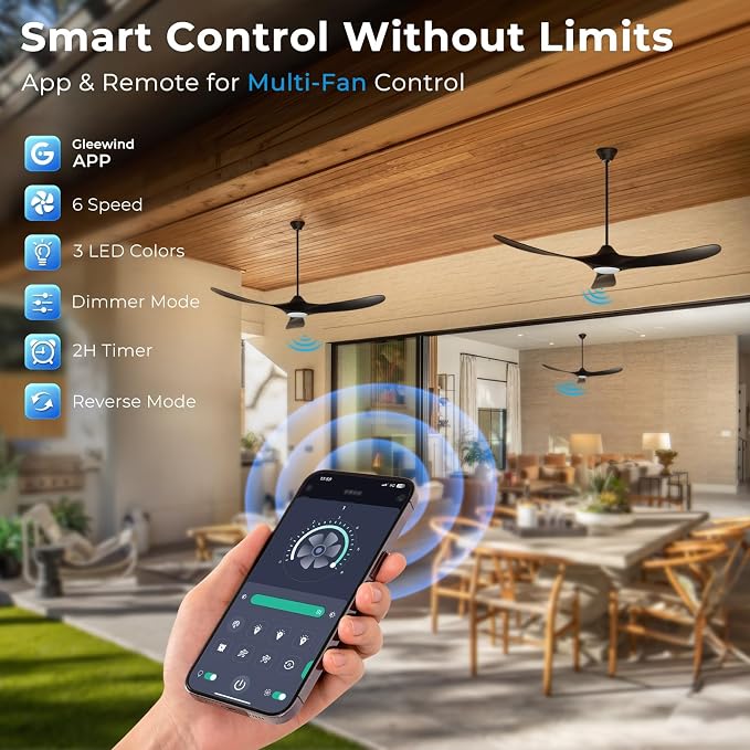 Outdoor Ceiling Fans with Lights-Glass Lamp, 60 inch Damp Rated Wood Propeller Blades for Patios & Porch, Smart APP and Remote Control, 3 Blades Dimmable LED Ceiling Fans, High CFM 6 Speed-Black