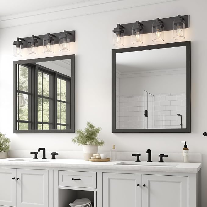 Bathroom Vanity Light, Clear Glass Shade 4 Lights Morden Bathroom Lighting Fixtures Over Mirror, Black Bathroom Light Vanity Fixtures for Bathroom/Living Room/Bedroom