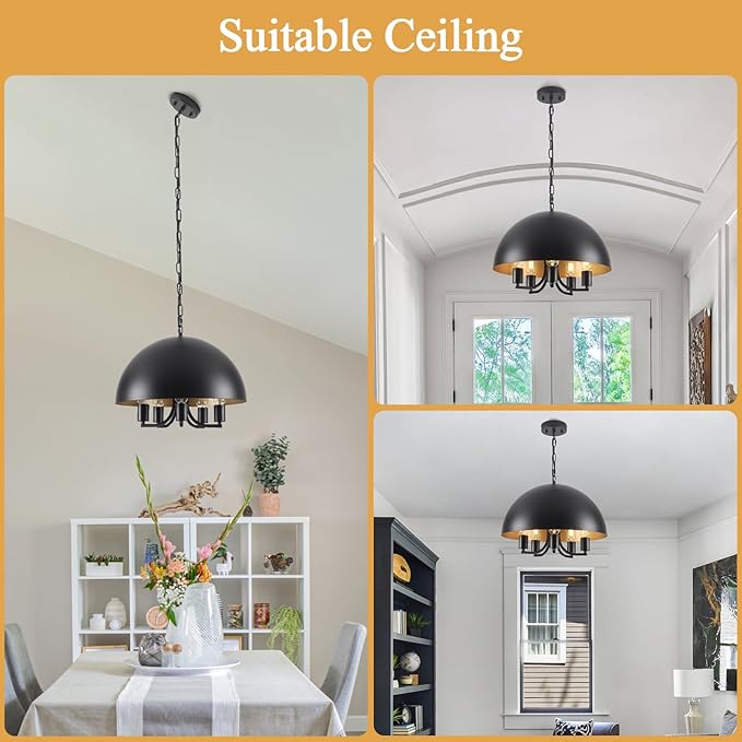 Black and Gold Ceiling Light - 17.7 Inch Black Large Farmhouse Dome Dining Room Chandelier 5-Lights Kitchen Island Pendant Hanging Lighting Modern Foyer Entryway Hallway