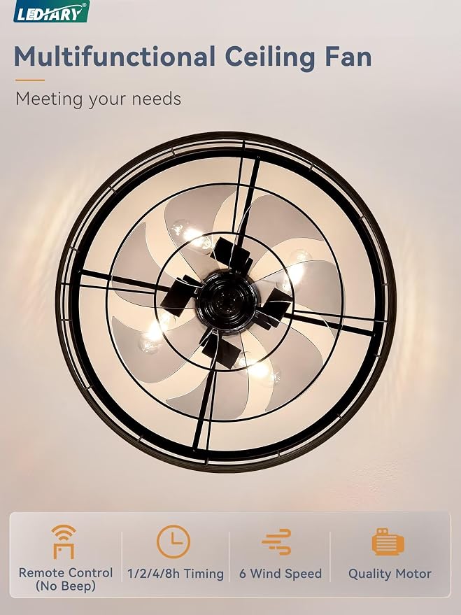 LEDIARY 22 inch Caged Fandelier Ceiling Fan Light with Remote, Brown | 6 Speed Adjustable,Timing, Quiet & Powerful DC, Large, Farmhouse, Industrial, Enclosed, Bladeless, Bedroom, Kitchen, Downrod
