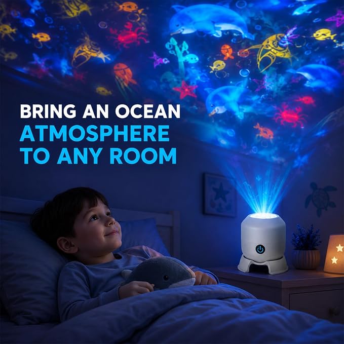 Dynamic Rotating Led Projector Light, Rotating Night Lamp | Dimmable Brightness, 360° Rotating Ocean Scene, USB Rechargeable, Night Light for Kids & Adults, Bedroom/Party Decor