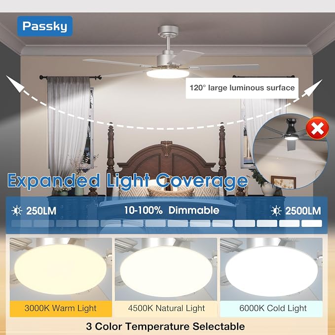 Passky Ceiling Fans with Lights, 52 inch Sleek Ceiling Fan with Light and Remote Control, 3CCT, Dimmable, Reversible, Noiseless, Silver Ceiling Fan for Bedroom, Living Room | 3-color dimmable light, quiet reversible DC motor, easy install, memory, Time...