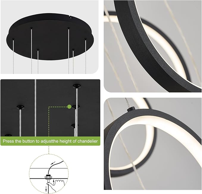 Modern LED Chandelier 6 Ring Black LED Pendant Light Adjustable Height Hanging Ceiling Light Fixture Dimmable Chandelier Ceiling Hanging for Foyer, Entryway (98.5in 3000K-6500K)