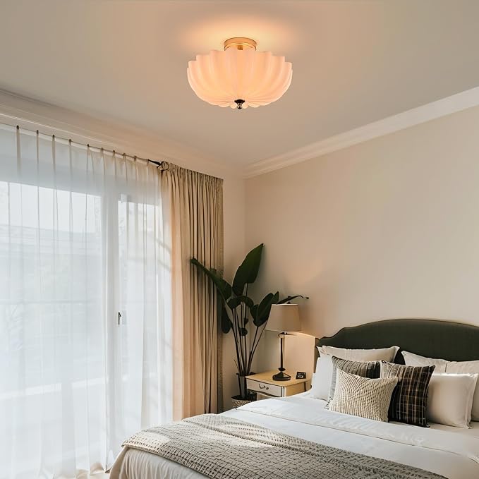 Modern Gold Semi Flush Mount Ceiling Light with Milky Flower Glass | Brushed Brass Ceiling Light with Scalloped Shade Close to Ceiling Light Fixture for Living Room Bedroom Entryway