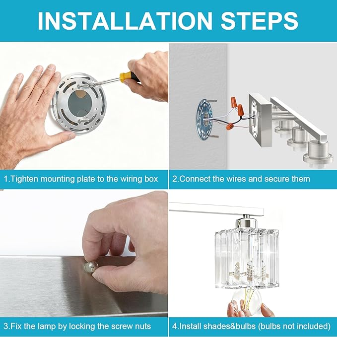 GOLSPARK 3 Light Crystal Bathroom Light Fixtures, Modern Brushed Nickel Vanity Lighting Fixtures, Vanity Light Over Mirror for Bathroom, E26 Socket Crystal Wall Light Square Shades (Bulbs Excluded)