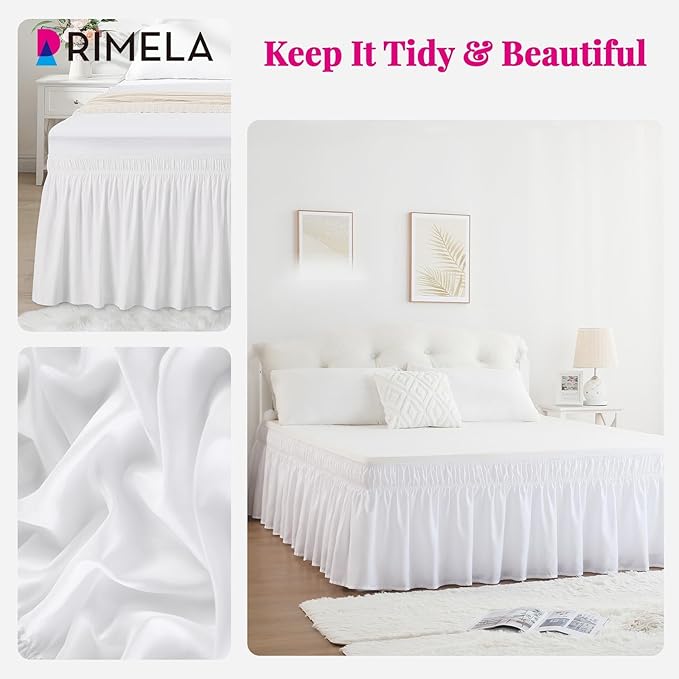 RIMELA White Bed Skirt King Size 18 Inch Drop, Elastic Bed Skirting for Bed Base and Frame, Bedding Dust Ruffle Easy to Install, Lightweight Wrap Around Adjustable Bedskirt