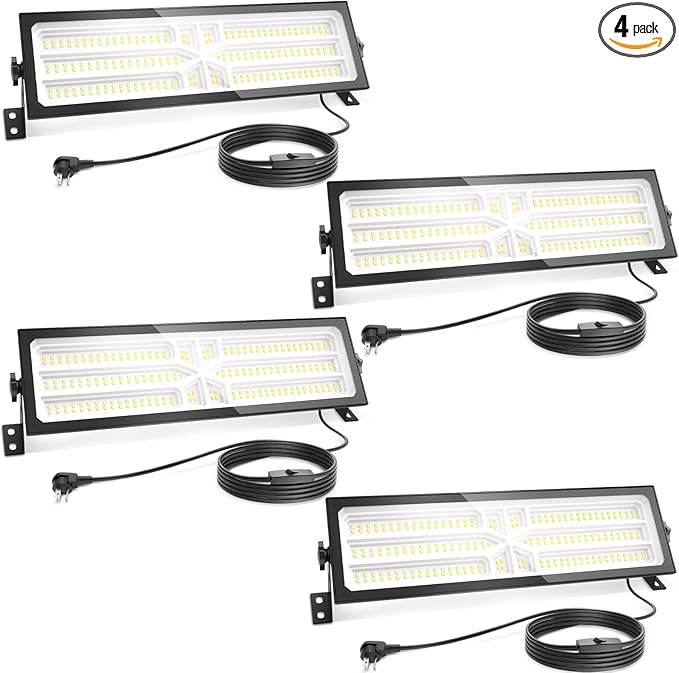 4 Pack Linkable LED Shop Light (Built-in Outlet) - 100W 15000LM Aluminum Plug in Garage Light w/ 9.84 ft Power Cord and On/Off Switch, 6000K Shop Lights for Garage, Workshop