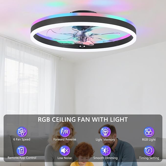 RGB Ceiling Fan with Light, 20'' Low Profile Ceiling Fans, Black Flush Mount LED Fan Light with Remote Control, Modern Bladeless Fandelier for Bedroom, Living Room, Kitchen