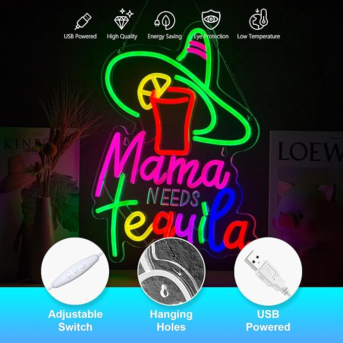Mama Needs Tequila Neon Sign Tequila Time Neon Sign for Wall Decor Mexican Tequila USB Dimmable LED Neon Lights for Beer Bar Kitchen Restaurant Home Pub Party Man Cave Club Shops Hotel Store Business Gift