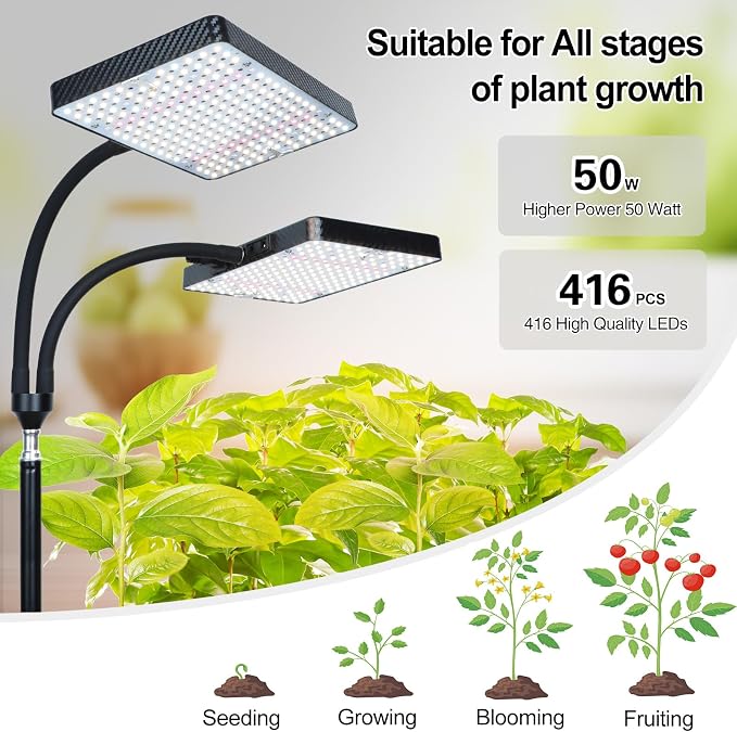 2Head Grow Light with Stand, 50 Watt Grow Lights for Indoor Plants, Natural Sunlight Full Spectrum Plant Growing Lamps for Tall Houseplants & Bonsai Tree, 4/8/12/16/20H 5-Mode Timer