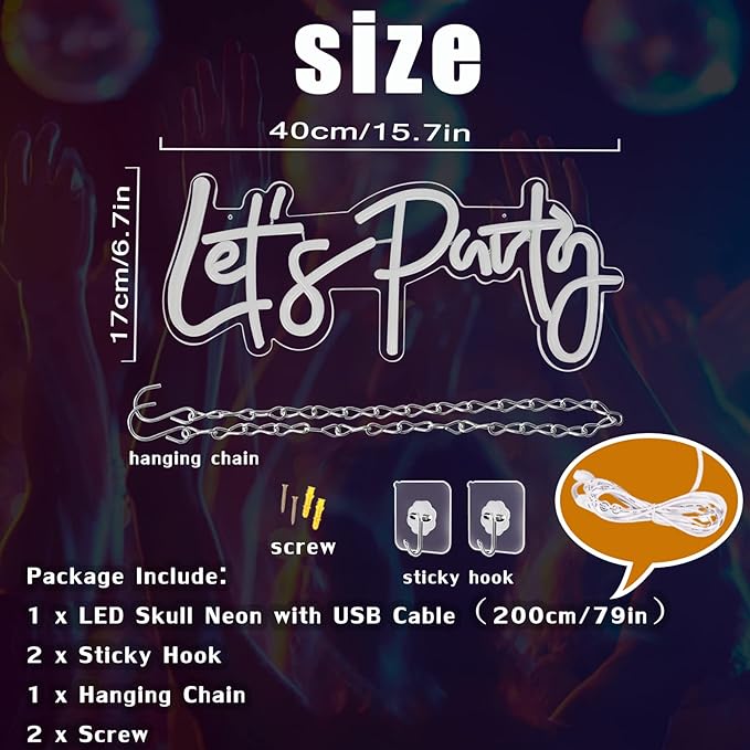 Let's Party Neon Sign, LED Neon Lights for Bedroom Wall Decor, Art Decorative Lights for Bachelorette Party, Engagement Party, Birthday Party, Living Room, Gamer Room Decor Aesthetic (White)