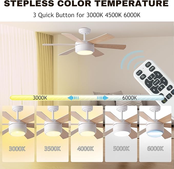 SHOWDI Ceiling Fan with Lights and Remote, 6 Blade App Control Timer Reversible Stepless Brightness and Color Temperature Outdoor Wood Ceiling Fan with Lights (White, 42 Inch)