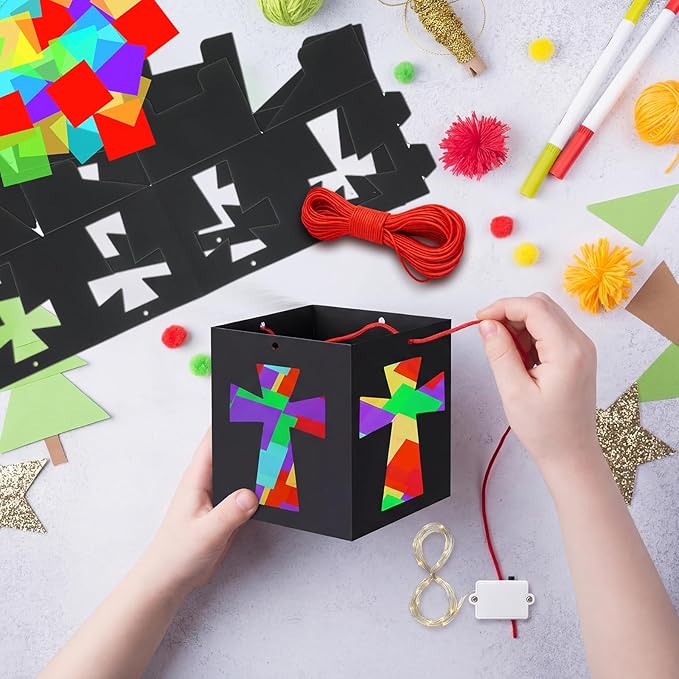 VIHOSE 24 Sets Easter Religious Cross Craft Christian DIY Hanging Lantern Tissue Paper Crafts Included Light String Make Your Own Paper Lantern Decorations for Church Sunday School VBS Activities