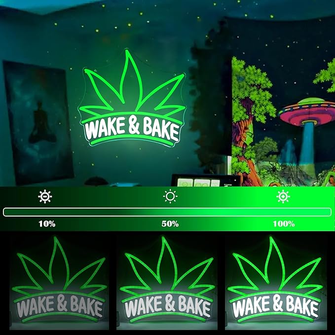 Wake & Bake Neon Signs Green Weed Leaf LED Neon for Bar Decor,Dimmable Wake and Leaf Neon Lights Men Cave Bedroom Living Room Gifts for Christmas Birthday(Green, Wake)
