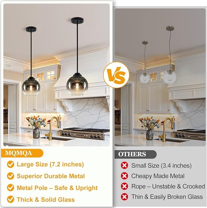 MQMQA 2 Pack Globe Pendant Lights, Mid Century Pendant Light Fixtures, Globe Pendant Lights Kitchen Island with Gray Glass Shade Adjustable Hanging Fixture for Dining Room (Bulbs not Included)