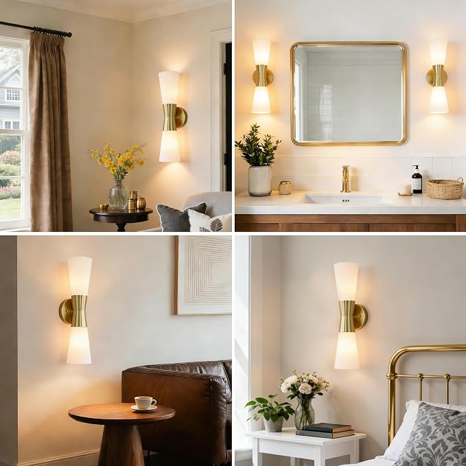 Wall Sconces Set of 2 for Bathroom, Modern Indoor Vanity Light Fixtures 17", Up Down Lighting, Wall Mount Lamp for Living Room Bedroom Hallway Stairway Fireplace Mirror E26 Base 2PC White&Gold