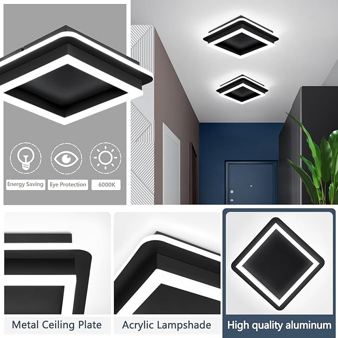 CANEOE Black Modern LED Ceiling Light, Square Flush Mount Ceiling Hallway Light Fxitures, 6000K Cold White Small Close to Ceilings Lamp for Bedroom Hallway Kitchen Balcony Cloakroom