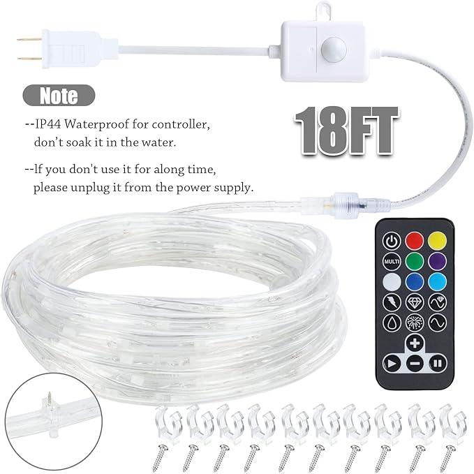 Vigdur Color Changing Rope Lights - 18FT Led Rope Lights Outdoor Waterproof with Remote Connectable 7 Colors & 7 Modes Decorative Christmas Lights for Xmas Bedroom Party Holiday Decoration