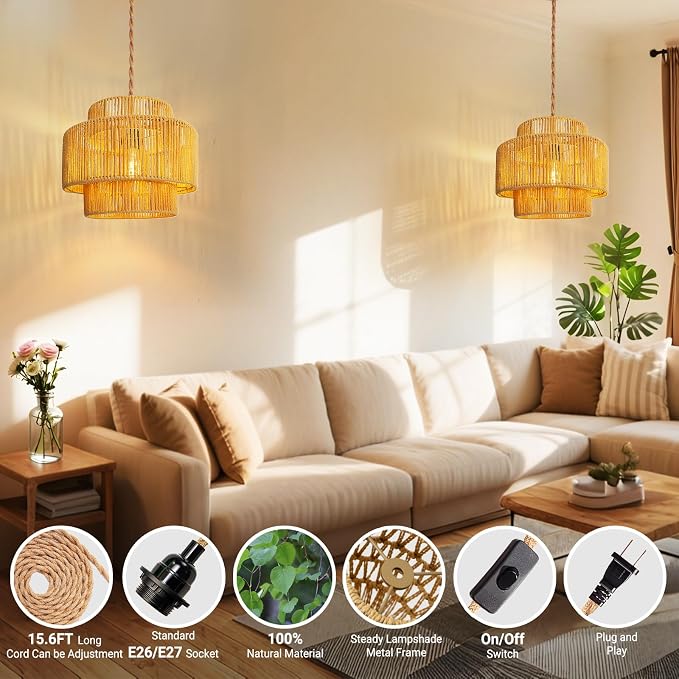 Hanging Light Ceiling Lamp Pendant Lights Rattan Hanging Lamp with Plug in Cord for Living Room Bedroom Kitchen Indoor Hanging Lamp Plug in Woven Lampshade