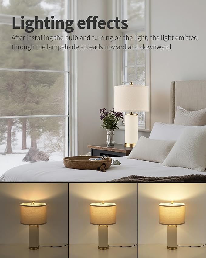 KDG 23.4" White PU Leather Table Lamps for Living Room Set of 2, 3 Level Brightness LED Modern Home Decor Fabric Lampshade Desk Lamp Lighitng for Bedroom, Bedside, Farmhouse, Nightstand, Night Light