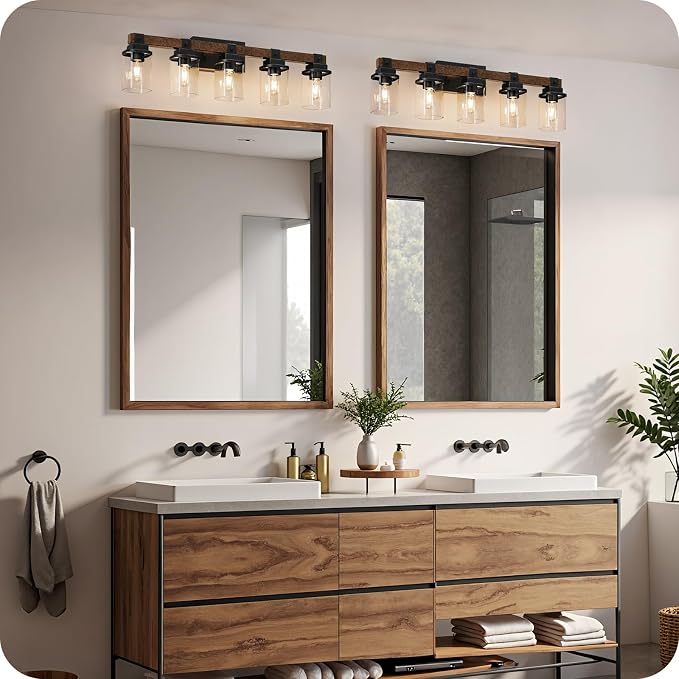5-Light Bathroom Light Fixtures, Farmhouse Vanity Lights for Bathroom with Glass Square Shade, Rustic Vanity Lights, Sconce Wall Light, E26 Base (Bulbs Not Included), ETL Listed FS10BD05