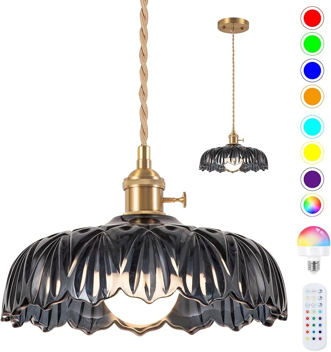Battery Operated Pendant Light,Vintage Light Fixtures RGB Light Gray Blue 2500mAh 9.4in Modern Chandelier with Remote Control Wireless Adjustable Rechargeable Chandelier for Kitchen Island 1Light