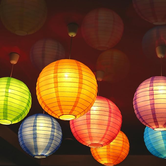 LIHAO 20PCS Colorful Paper Lanterns with Lights, Hanging Chinese Paper Lanterns for Party Decorations Weddings Birthday New Year Outdoor Home Indoor (8 inches)